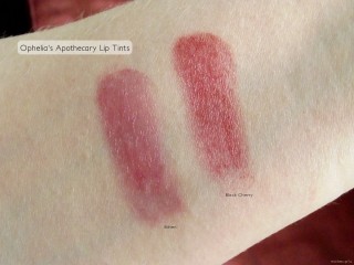 Ophelia's Apothecary Lip Tint swatches in Black Cherry and Bitten