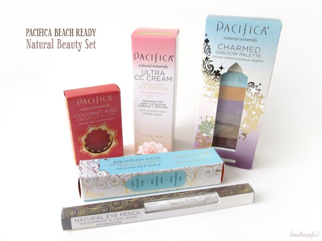 Pacifica Beach Ready Natural Beauty Set: Charmed Eyeshadow Palette, Ultra CC Cream in Warm/Light, Coconut Kiss Creamy Lip Butter in Sunset, Aquarian Gaze Mineral Mascara in Abyss, and Natural Eye Pencil in Gun Metal
