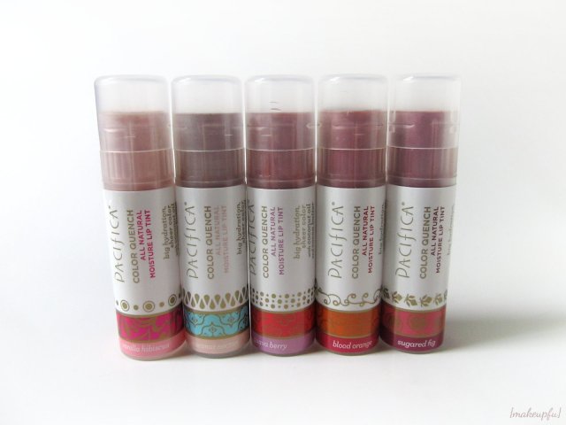 Pacifica Color Quench Jumbo Lip Tints: Vanilla Hibiscus, Coconut Nectar, Guava Berry, Blood Orange, and Sugared Fig