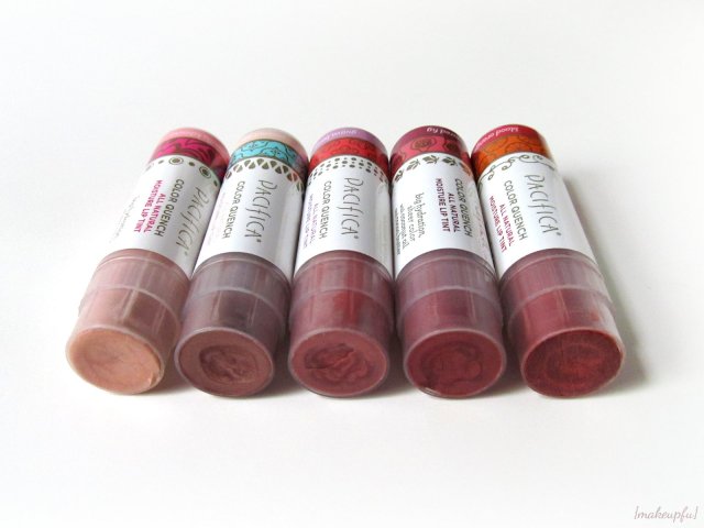 Pacifica Color Quench Jumbo Lip Tints: Vanilla Hibiscus, Coconut Nectar, Guava Berry,  Sugared Fig, and Blood Orange
