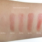 Swatches of the Pacifica Color Quench Jumbo Lip Tints: Vanilla Hibiscus, Coconut Nectar, Guava Berry,  Sugared Fig, and Blood Orange