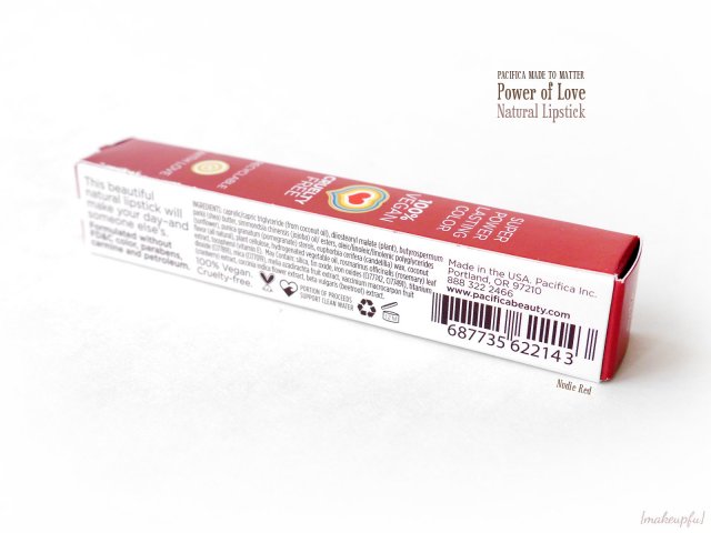 Box packaging of the Pacifica Power of Love Natural Lipstick in Nudie Red
