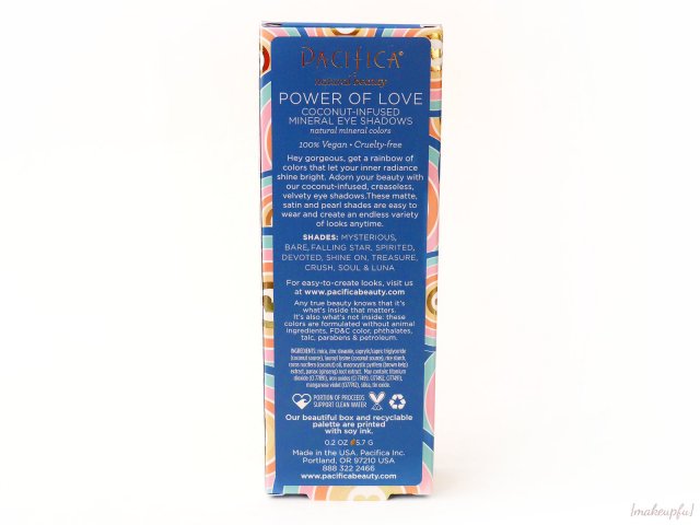 Reverse of the Pacifica Power of Love Eyeshadow Palette box packaging.