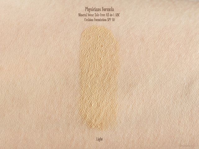 Swatch of the Physicians Formula Mineral Wear Talc-Free All-in-1 ABC Cushion Foundation SPF 50 in the shade Light