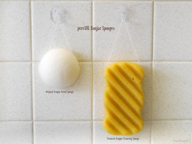 pureSOL Original Konjac Facial Sponge and Turmeric Konjac Cleansing Sponge hanging on included hook (hydrated)