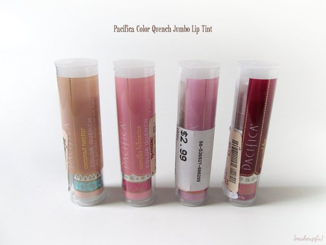 Pacifica Color Quench Jumbo Lip Tints: Coconut Nectar, Vanilla Hibiscus, Guava Berry, and Sugared Fig
