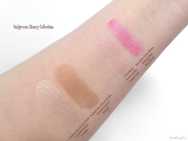 Swatches of the Pocahontas Dare to Dream Collection Retractable Luminizer in Great Spirit and Wild Spirit, and the Townley Disney Princess Lip Balm in the Belle Collection Strawberry Spell and Mulan Dare to Dream Collection Cherry Blossom