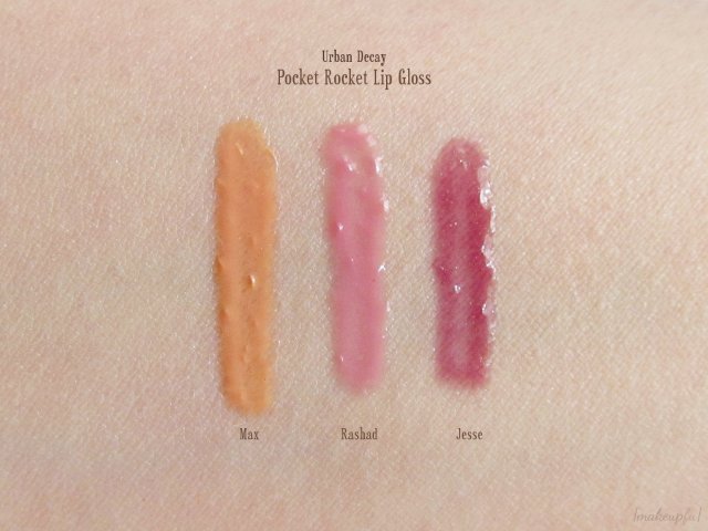 Swatches of Urban Decay Pocket Rocket Lip Glosses in Jesse, Max, and Rashad