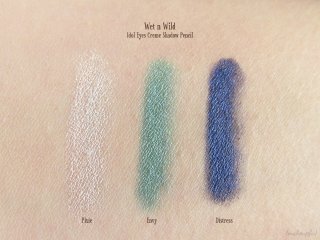 Swatches of Wet n Wild Idol Eyes Creme Shadow Pencil: 130 Pixie, 132 Envy, and 134 Distress
